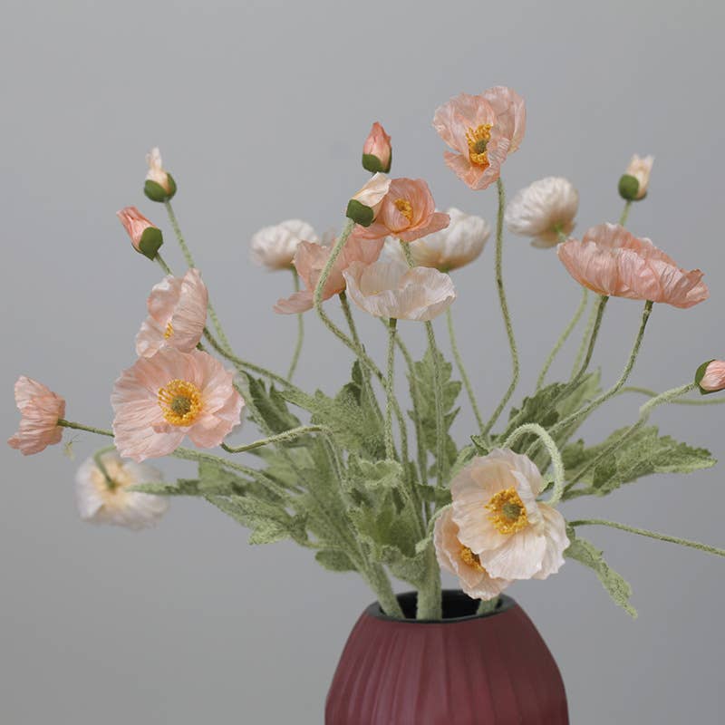 22'' Single Flocked Floral Poppy Spay, Colorful Silk Poppies: Coral Pink