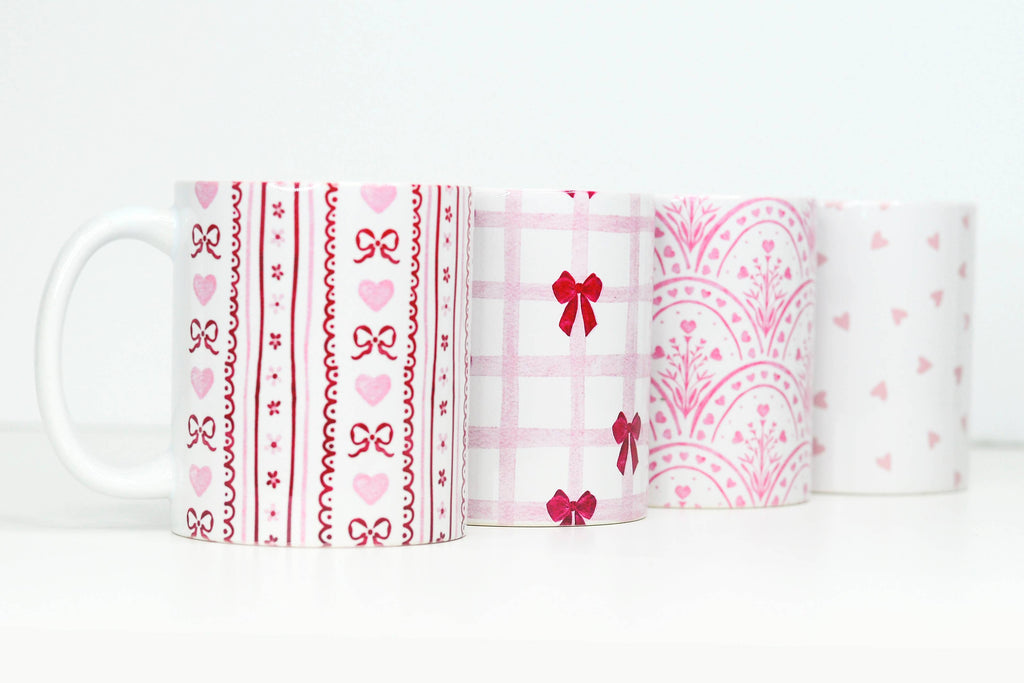 Valentine's Ceramic Mug, Pink Red Coffee Mug, Bows Hearts: Pink Hearts