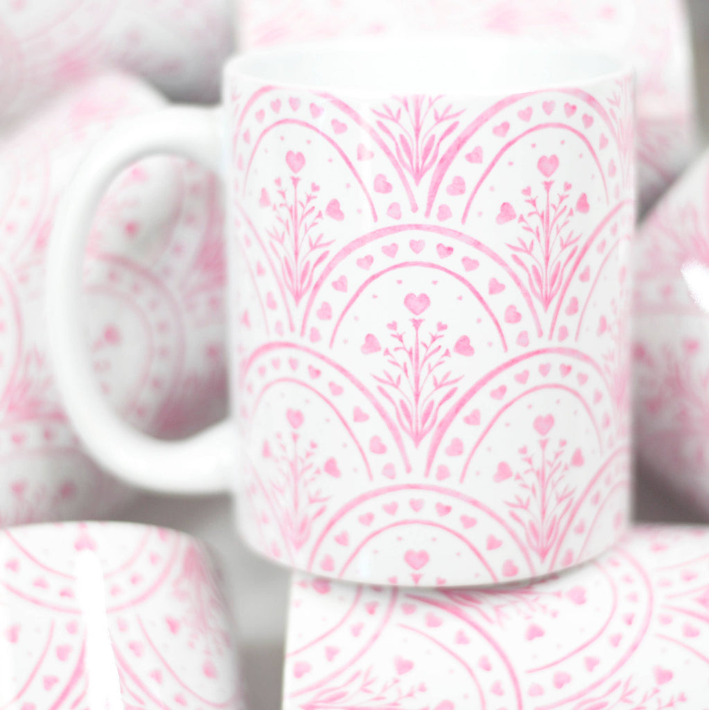 Valentine's Ceramic Mug, Pink Red Coffee Mug, Bows Hearts: Pink Hearts