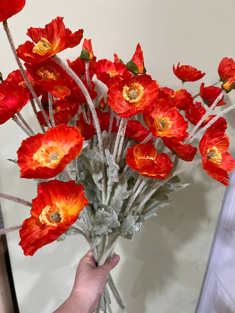 22'' Single Flocked Floral Poppy Spay, Colorful Silk Poppies: Coral Pink