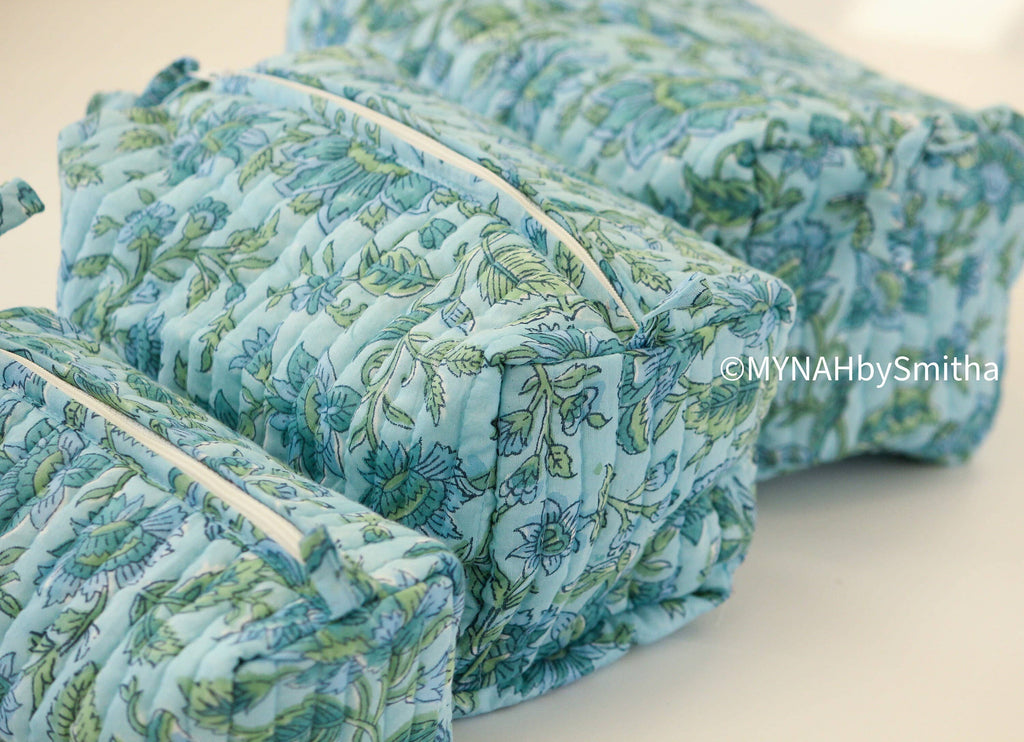 Large Blue green floral travel make up bag