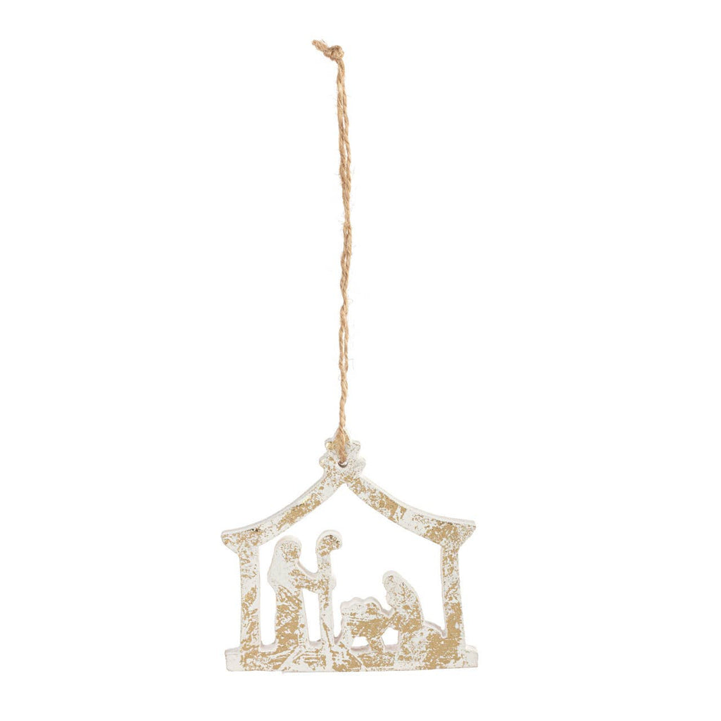 Nativity Scene Gold White Wood Ornament