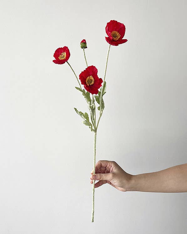 22'' Single Flocked Floral Poppy Spay, Colorful Silk Poppies: Coral Pink