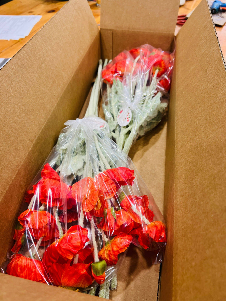22'' Single Flocked Floral Poppy Spay, Colorful Silk Poppies: Coral Pink