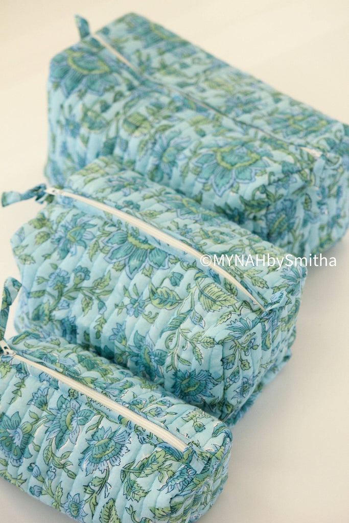 Large Blue green floral travel make up bag