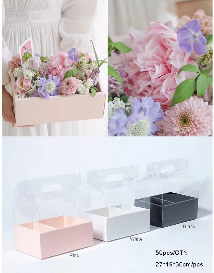 Transparent Flower Gift Box with Handle: Black