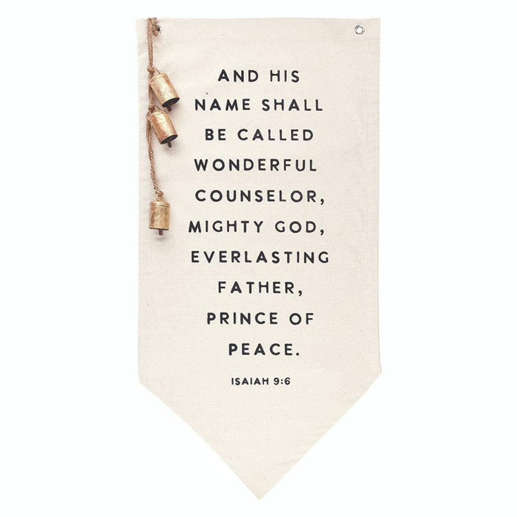 Canvas Banner with Gold Bells - Isaiah 9:6: Canvas / Metal Bells / Plastic Tube / Banner: 28" L x 14" W, Tube Packaging: 14.25" H x 2.5" Dia