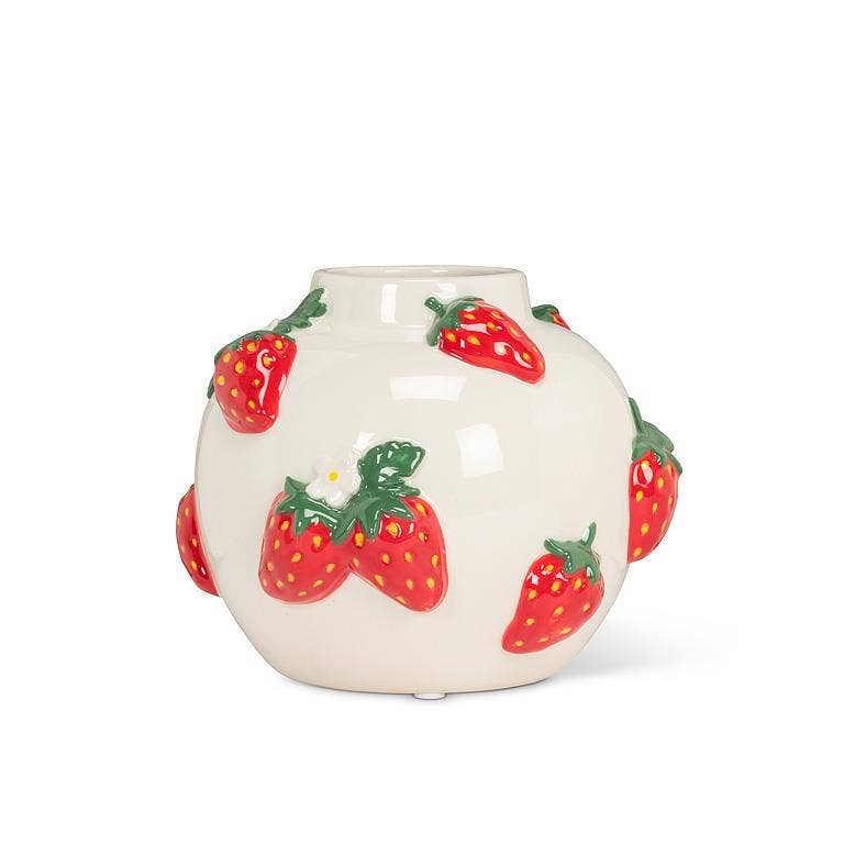 Small Round Vase with Strawberries-5"H
