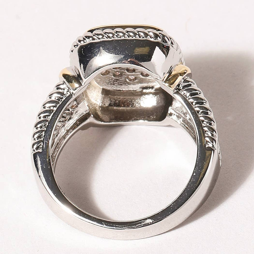 CZ Stone Micro Paved Two-Tone Square Ring: K / 8