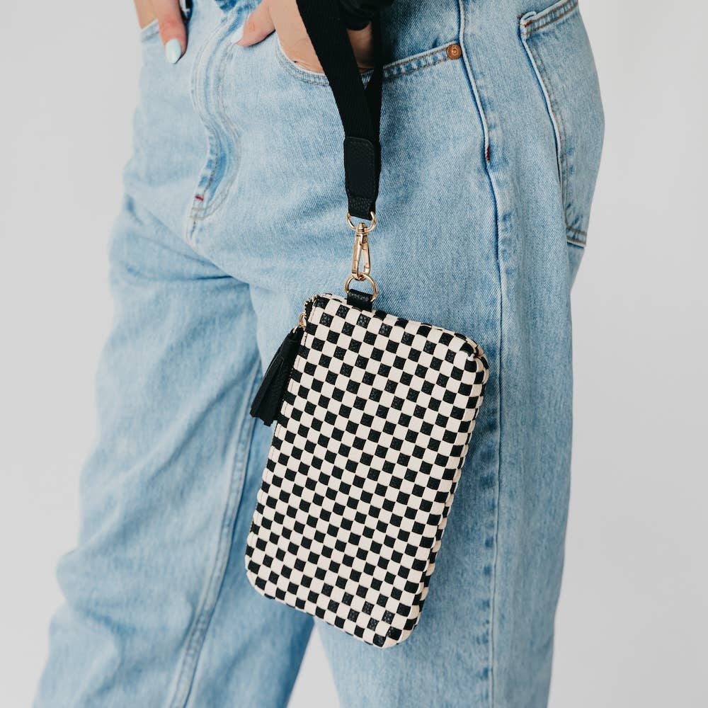 Emma Woven Clutch Wristlet: Brown Checkered