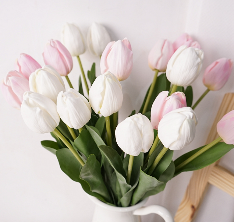 19''T Real Touch Tulips bunch, Faux Tulips Spring Flowers: Mixture(White/Pink/Hot Pink)