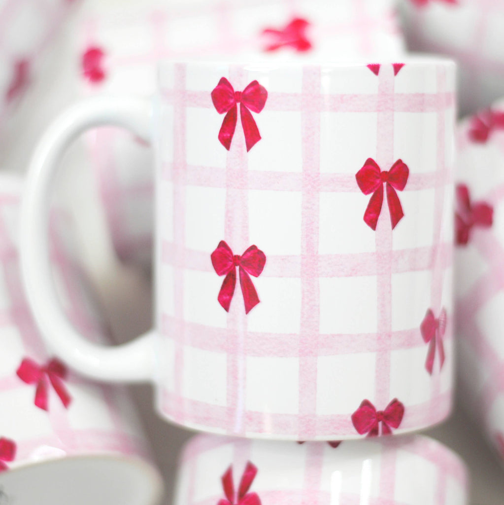 Valentine's Ceramic Mug, Pink Red Coffee Mug, Bows Hearts: Pink Hearts