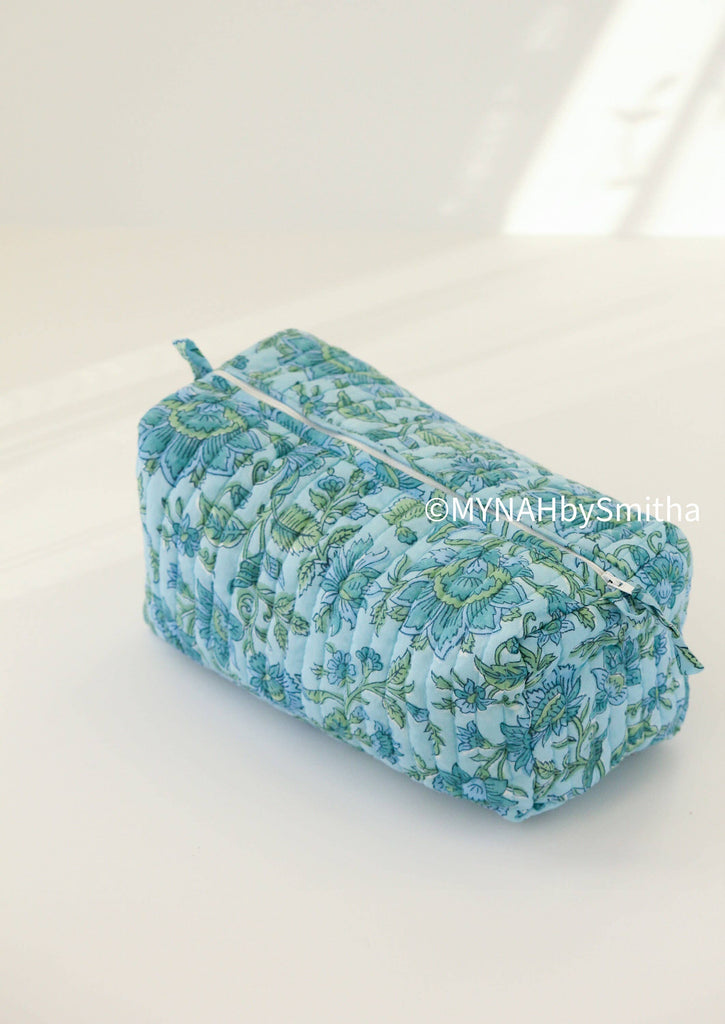 Large Blue green floral travel make up bag