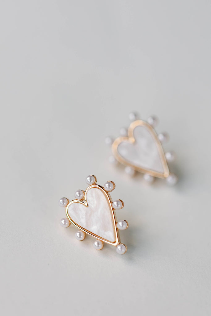 Pearl Studded Pink Tortoise Heart Earrings