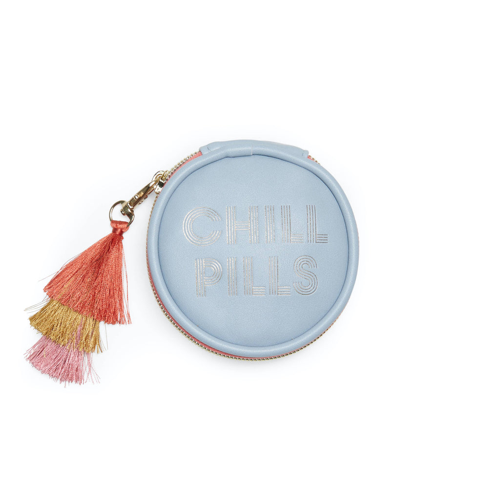 Vegan Leather Pill Box With Tassel - Blue "Chill Pills"