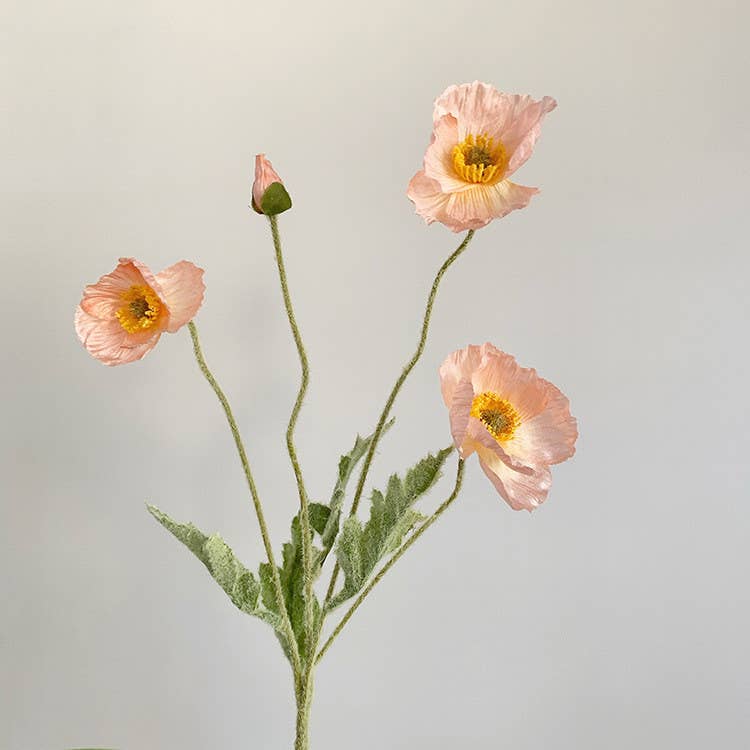 22'' Single Flocked Floral Poppy Spay, Colorful Silk Poppies: Coral Pink