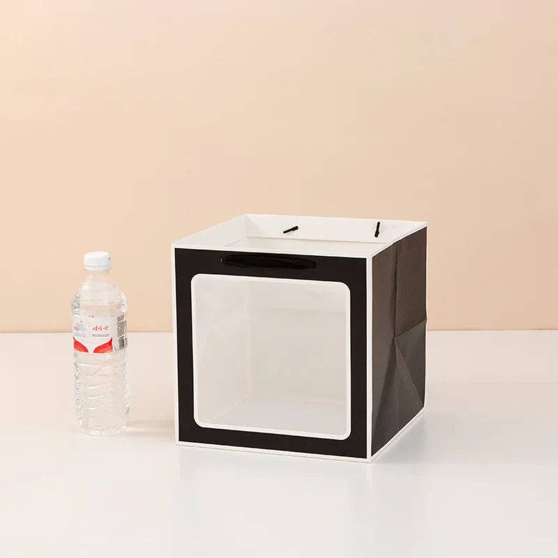 Cube Window Kraft Flower/Gift Bag: White with black borders / Medium