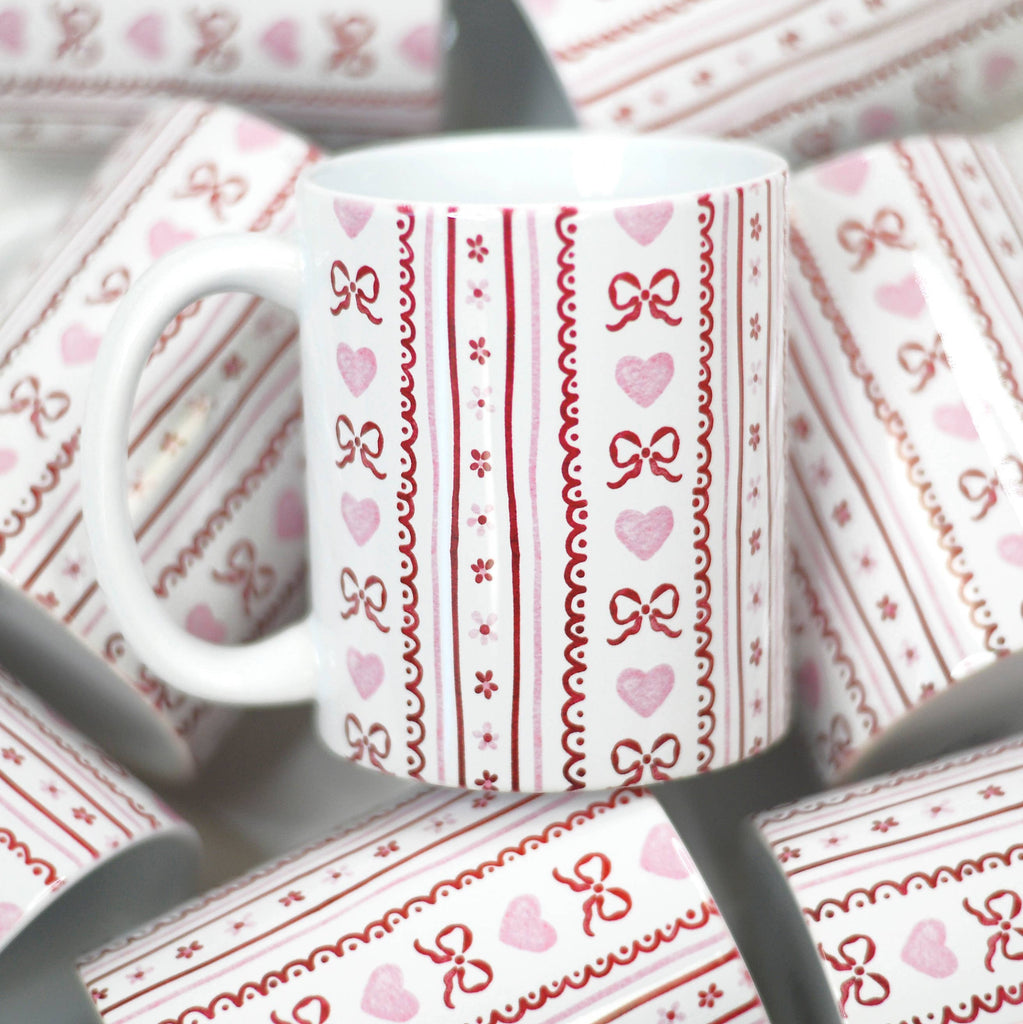 Valentine's Ceramic Mug, Pink Red Coffee Mug, Bows Hearts: Pink Hearts