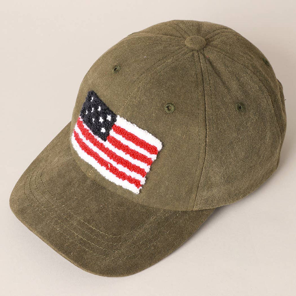 American Flag Chenille Patch Baseball Cap: ONE SIZE / WHITE