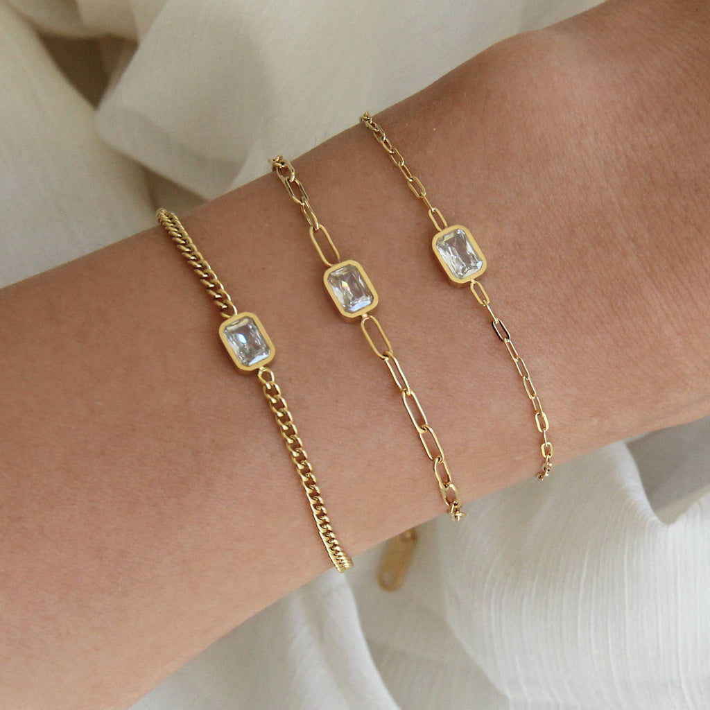 CZ Chain Bracelet: Gold / Emerald Cut Simple Chain Bracelet
