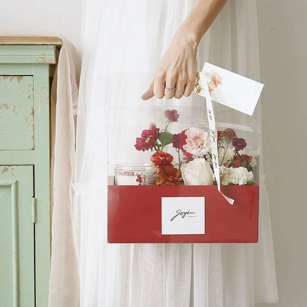 Transparent Flower Gift Box with Handle: Pink