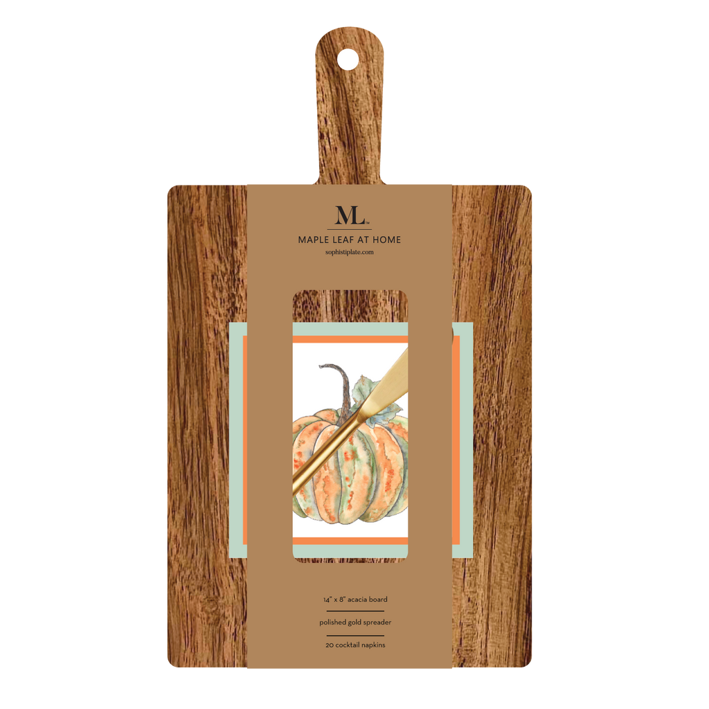 14x8" Acacia Board w/ Handle Gold Spreader, Bright & Thankful Napkin