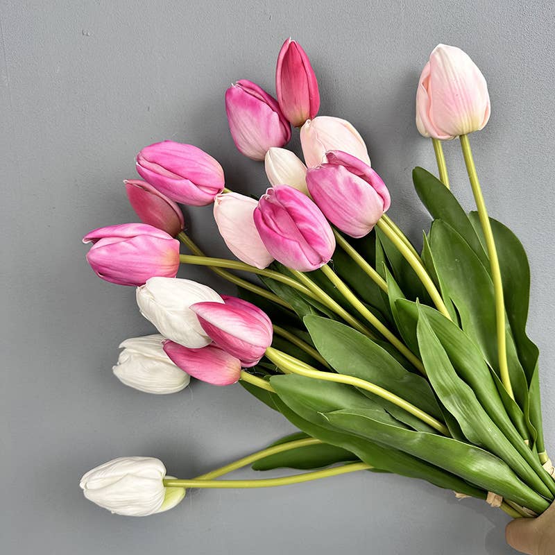 19''T Real Touch Tulips bunch, Faux Tulips Spring Flowers: Mixture(White/Pink/Hot Pink)