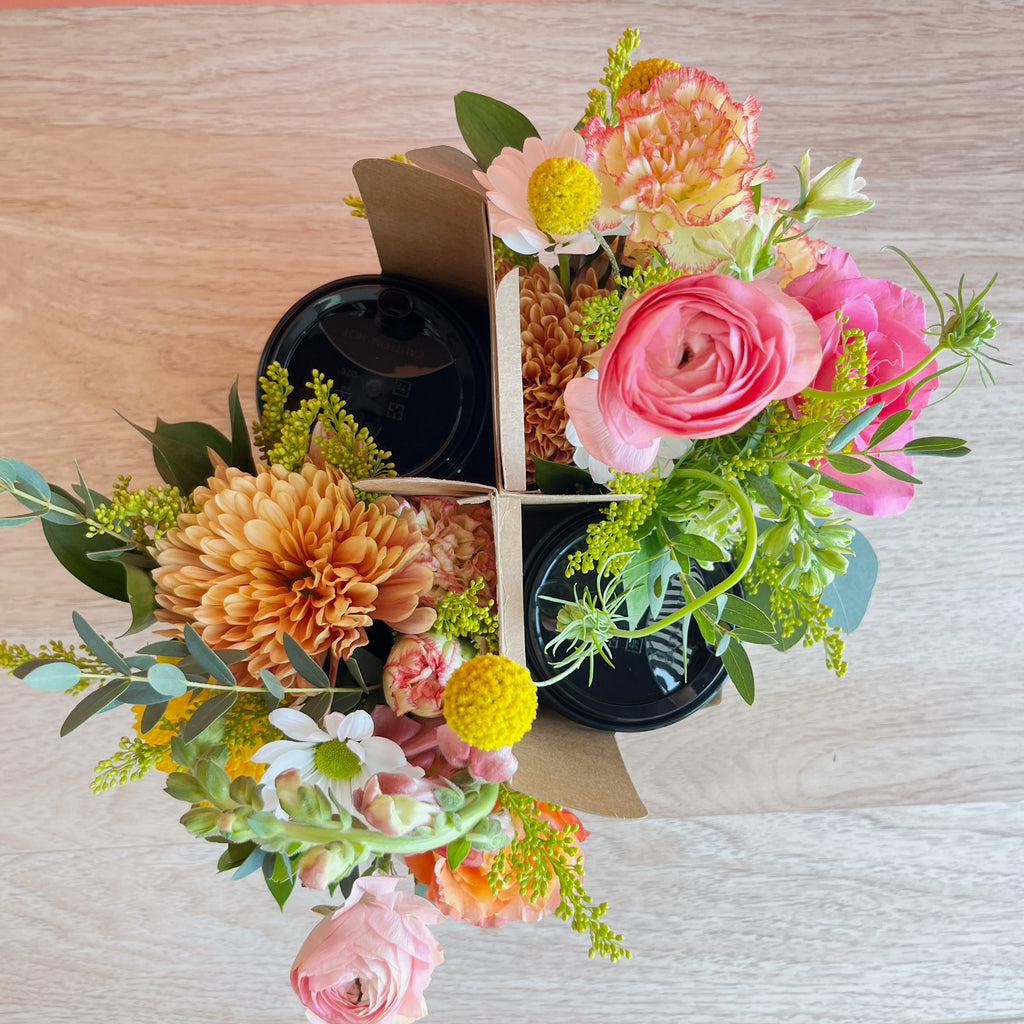 Latte Love - Flower arrangement, Coffee cup, Carrier, and a *FREE* COFFEE from Sips and Sweets