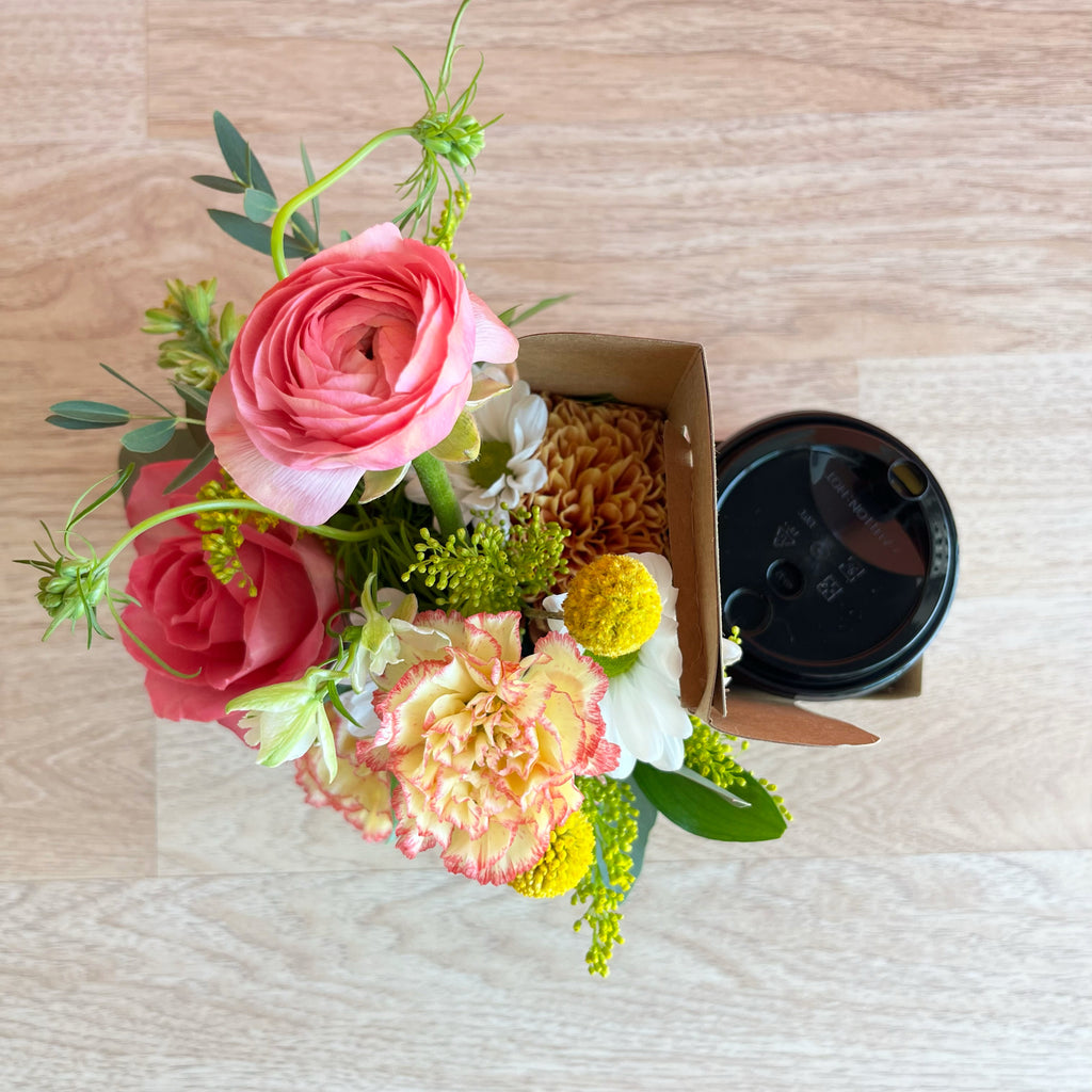 Latte Love - Flower arrangement, Coffee cup, Carrier, and a *FREE* COFFEE from Sips and Sweets