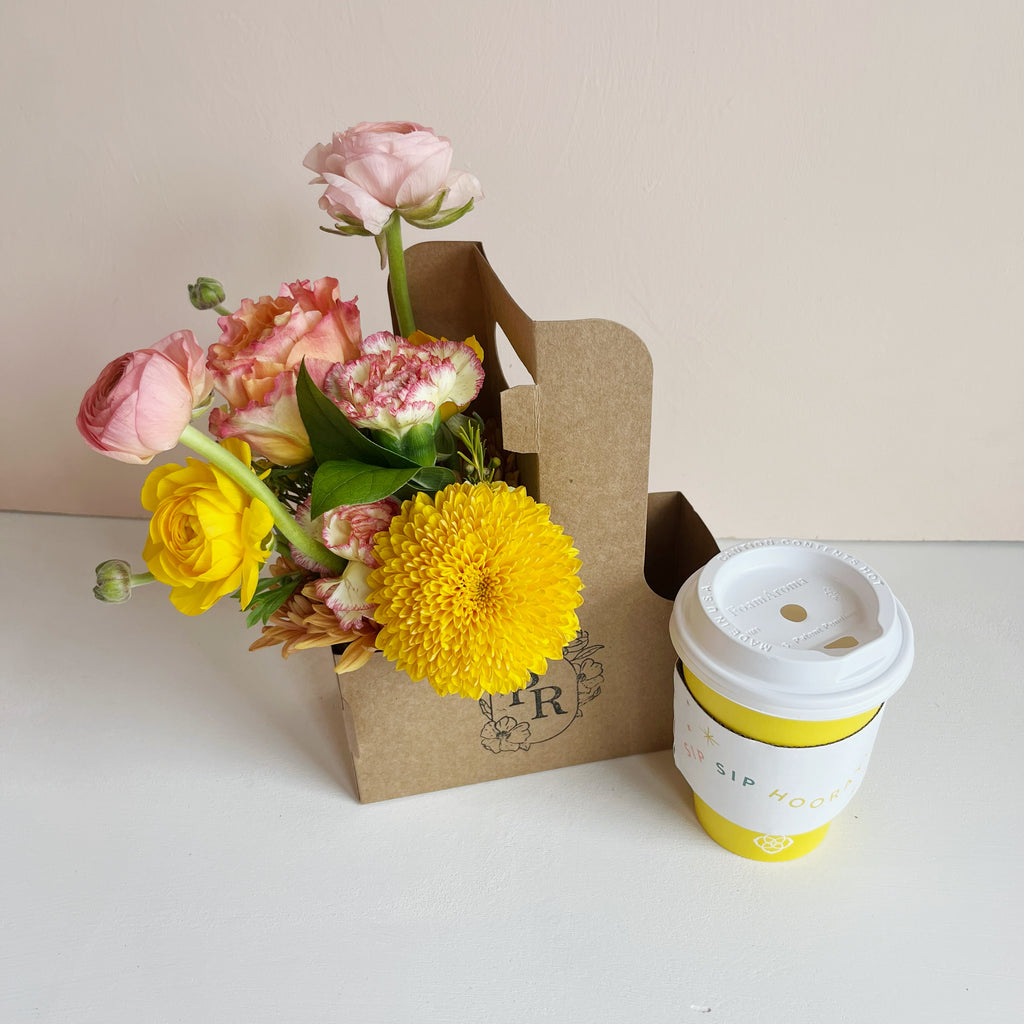 Latte Love - Flower arrangement, Coffee cup, Carrier, and a *FREE* COFFEE from Sips and Sweets