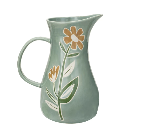 2 Quart Hand-Painted Stoneware Pitcher w/ Wax Relief Flowers