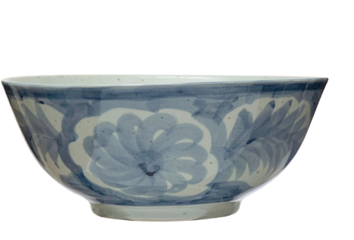 Hand-Painted Stoneware Bowl w/ Design, Blue & White