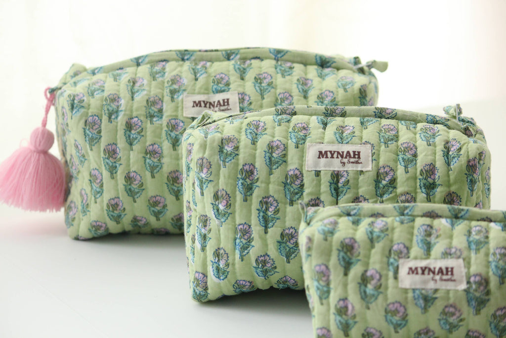 Small Fresh green & pink floral travel make up bag