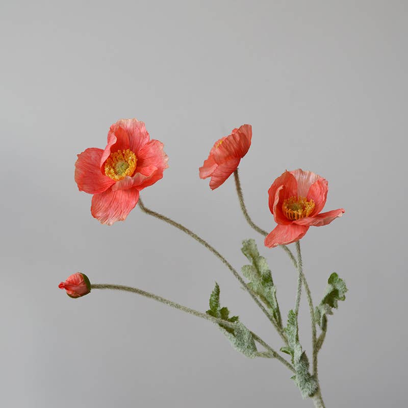 22'' Single Flocked Floral Poppy Spay, Colorful Silk Poppies: Coral Pink