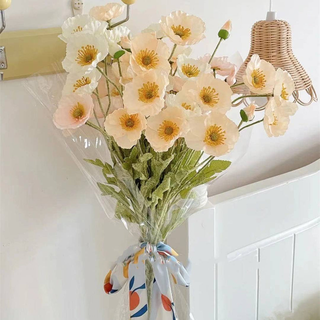 22'' Single Flocked Floral Poppy Spay, Colorful Silk Poppies: Coral Pink