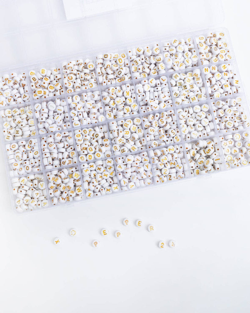 Round White with Metallic Gold 26 Letter Bead Kit Box