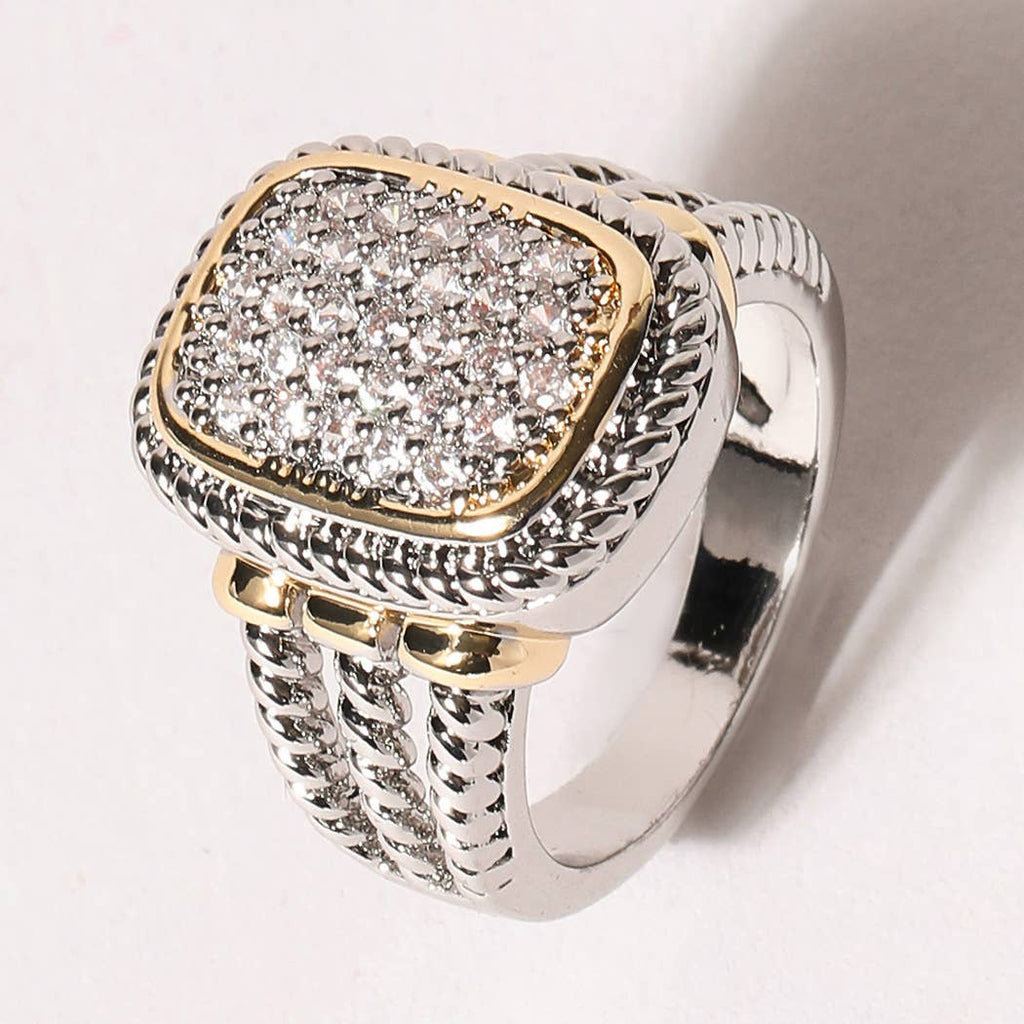 CZ Stone Micro Paved Two-Tone Square Ring: K / 8