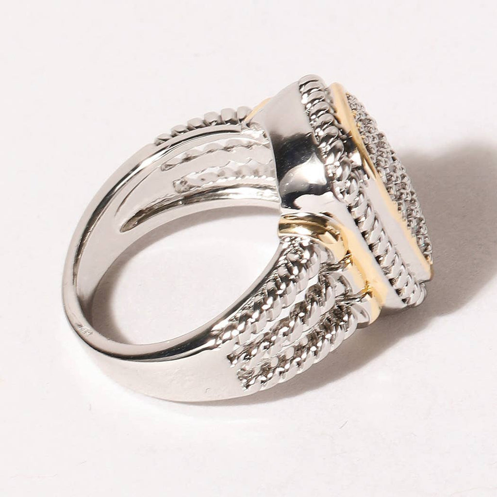 CZ Stone Micro Paved Two-Tone Square Ring: K / 8