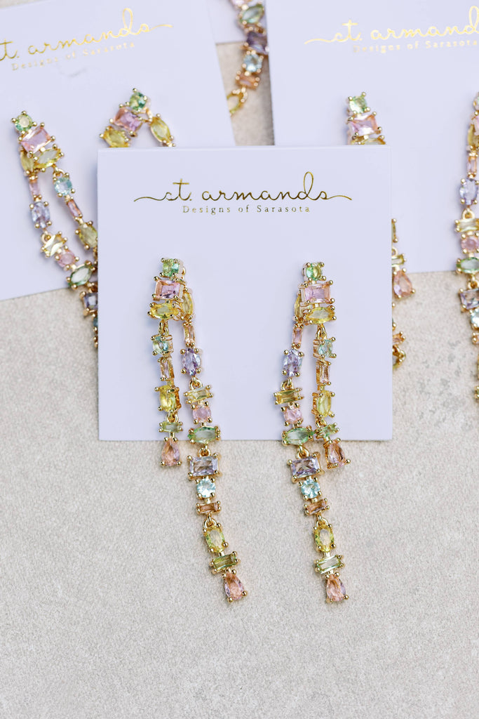 Pastel Toned Crystal Layered Duster Statement Earrings