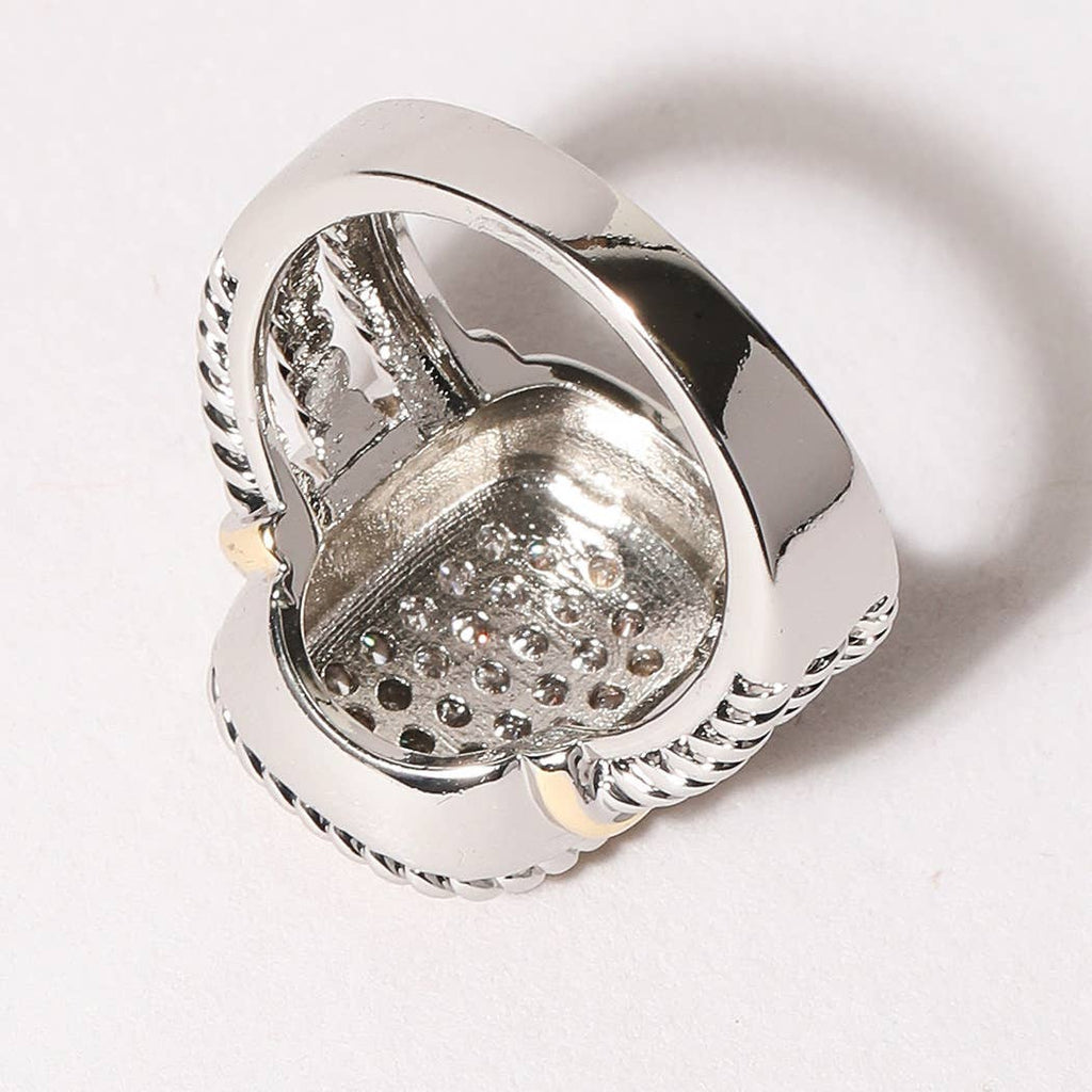 CZ Stone Micro Paved Two-Tone Square Ring: K / 8
