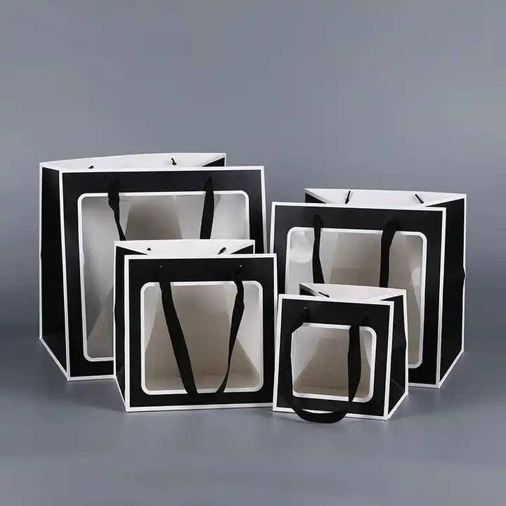 Cube Window Kraft Flower/Gift Bag: White with black borders / Medium