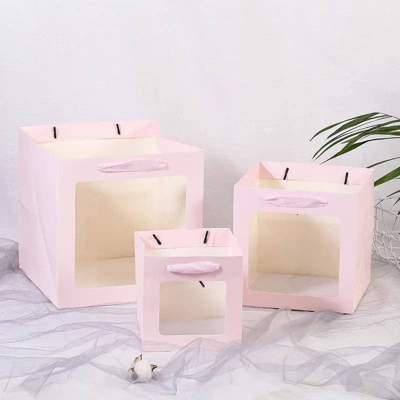Cube Window Kraft Flower/Gift Bag: White with black borders / Medium