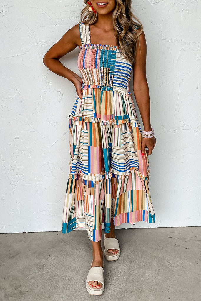 Stripe Smocked Tiered Maxi Dress: Khaki / L