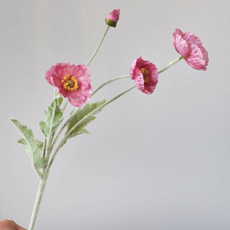 22'' Single Flocked Floral Poppy Spay, Colorful Silk Poppies: Coral Pink