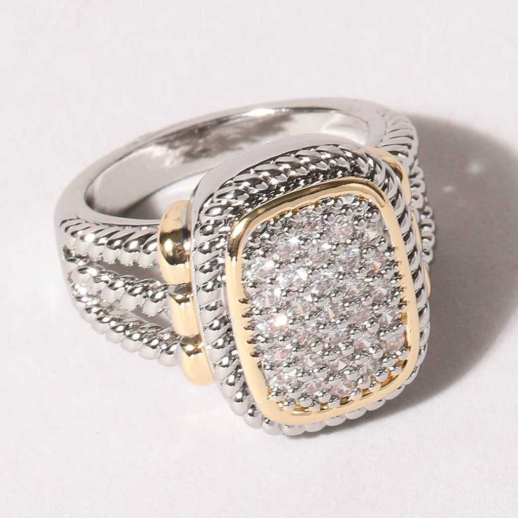 CZ Stone Micro Paved Two-Tone Square Ring: K / 8
