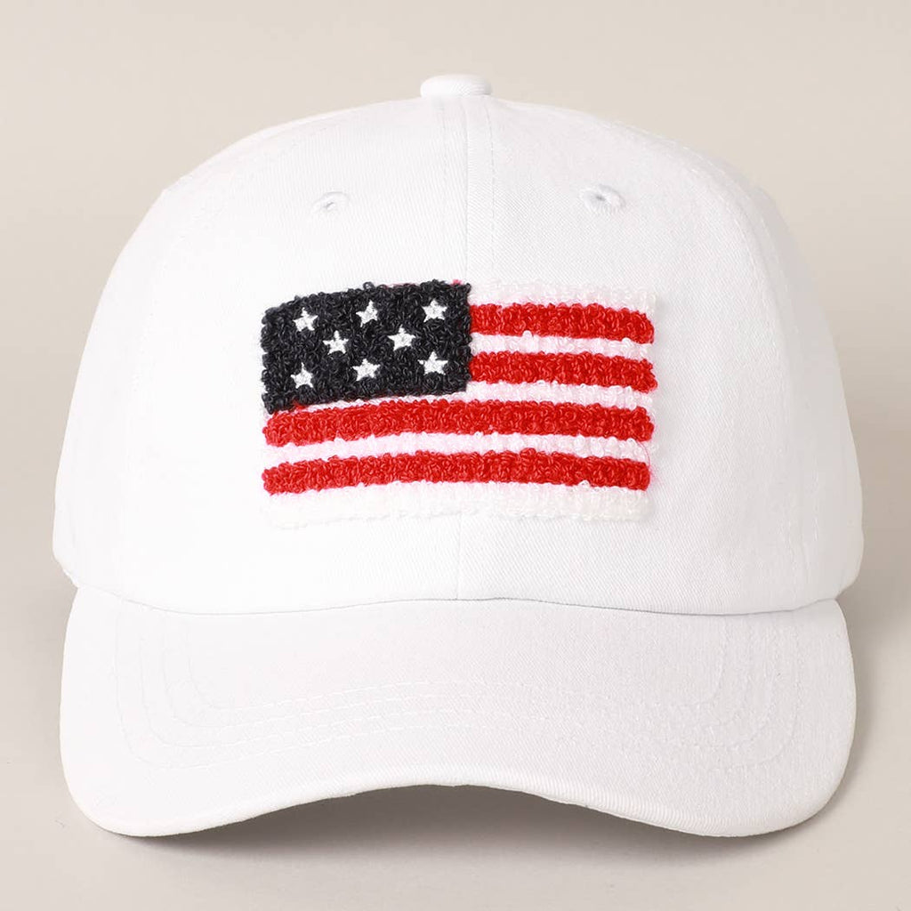American Flag Chenille Patch Baseball Cap: ONE SIZE / WHITE