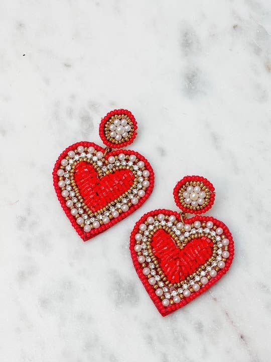 Red Rhinestone & Pearl Beaded Heart Dangle Earrings