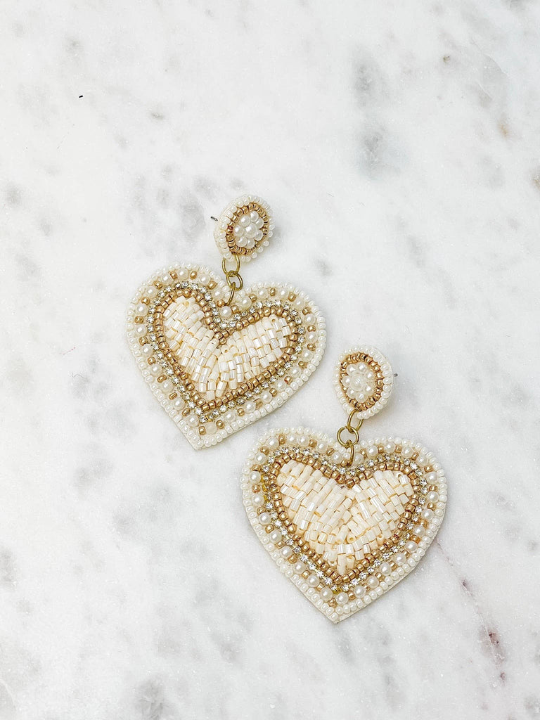 Ivory Rhinestone & Pearl Beaded Heart Dangle Earrings