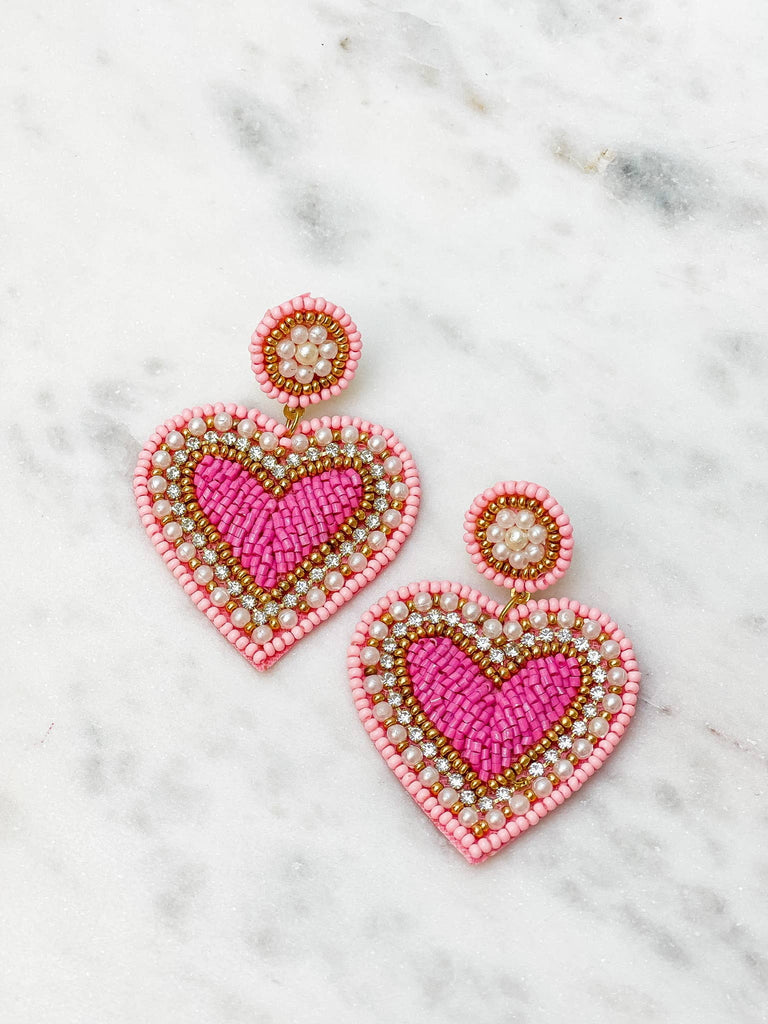 Pink Rhinestone & Pearl Beaded Heart Dangle Earrings