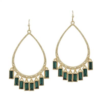 Gold Teardrop with Green Rectangle Crystal Drops 2" Earring